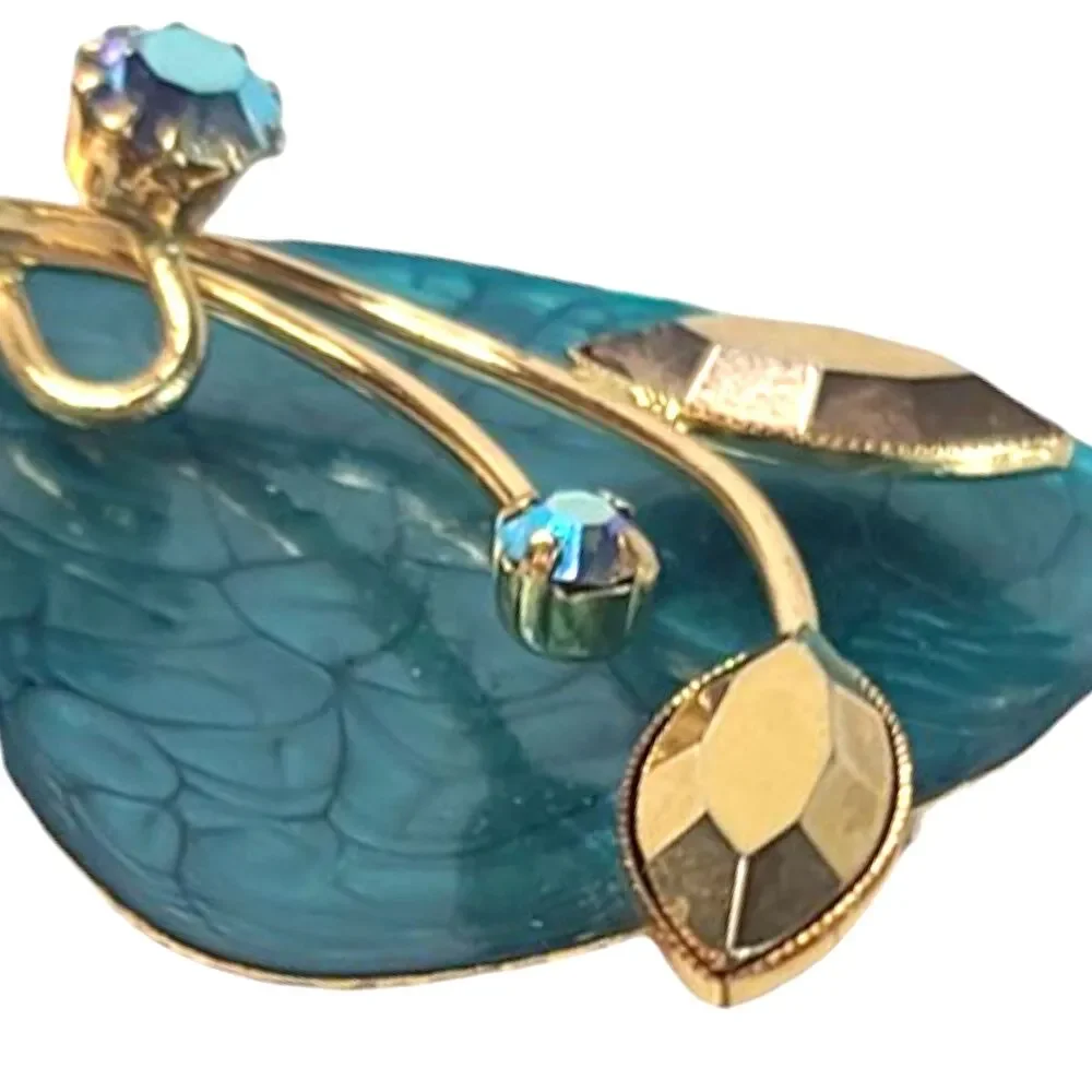 Vintage West Germany Asymmetrical AB Rhinestone Teal Metal Flower Brooch Pendant